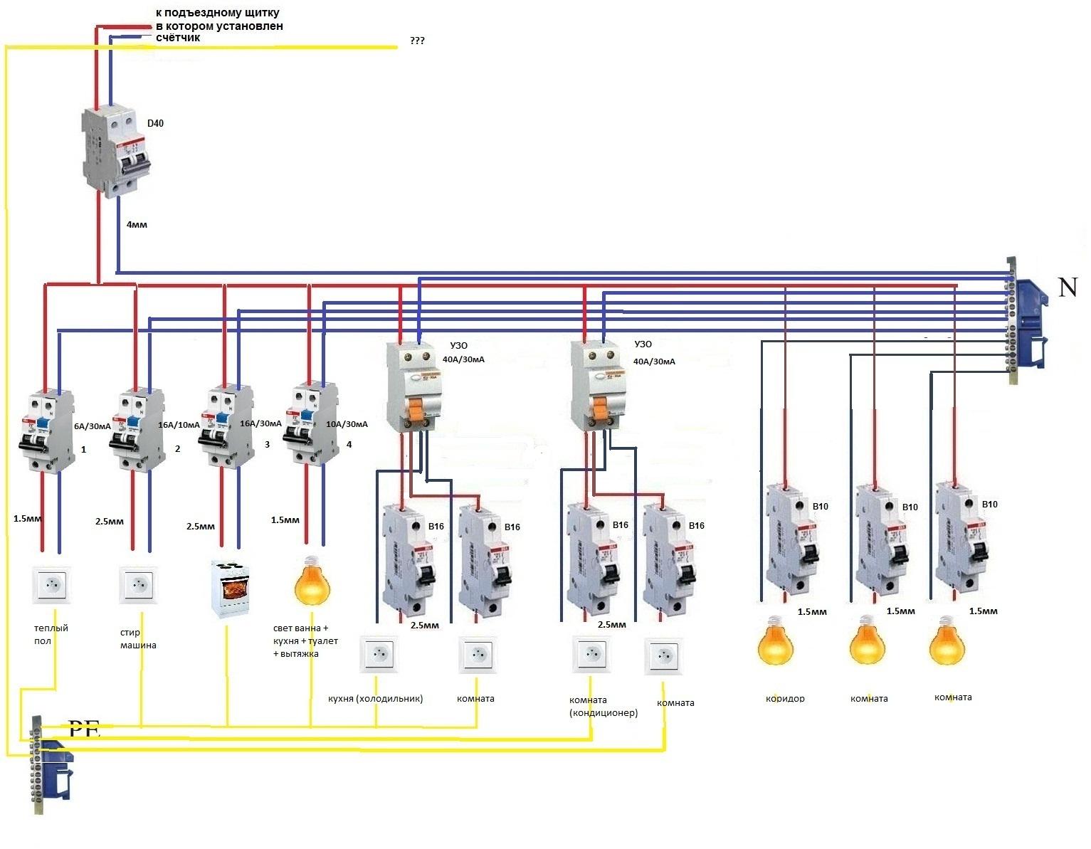 электрическая схема автоматов в щитке