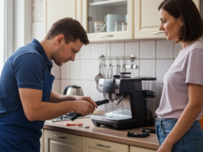 мастер чинит протекающую кофемашину