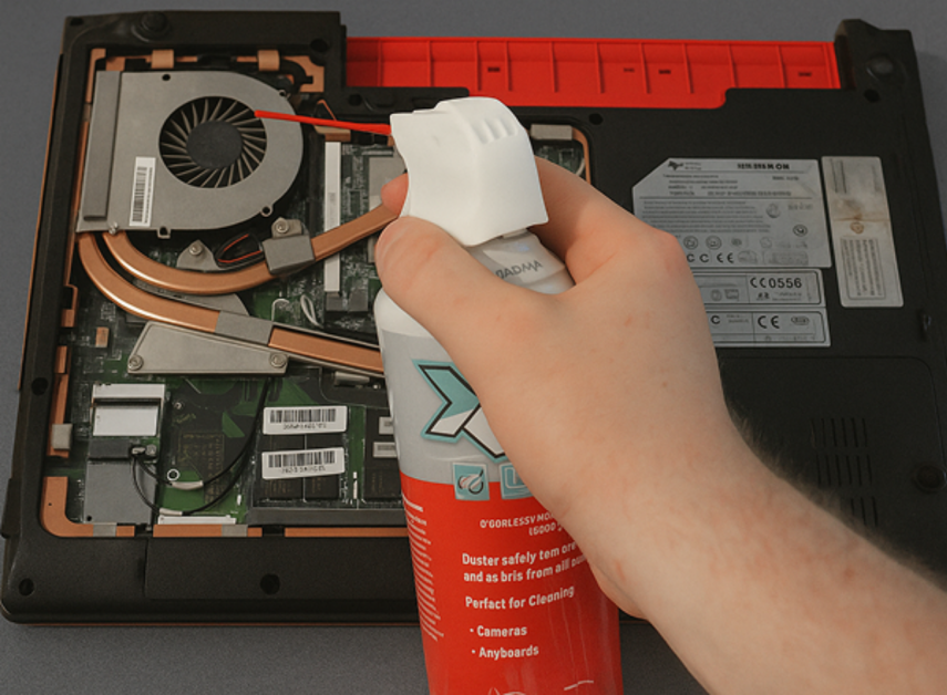 Мастер продувает кулер сжатым воздухом