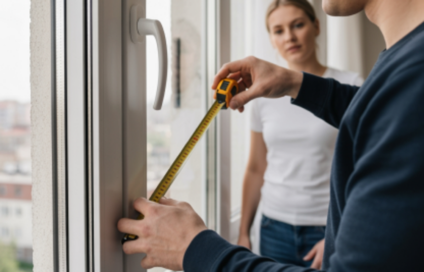 мастер измеряет окно рулеткой, а клиент стоит рядом